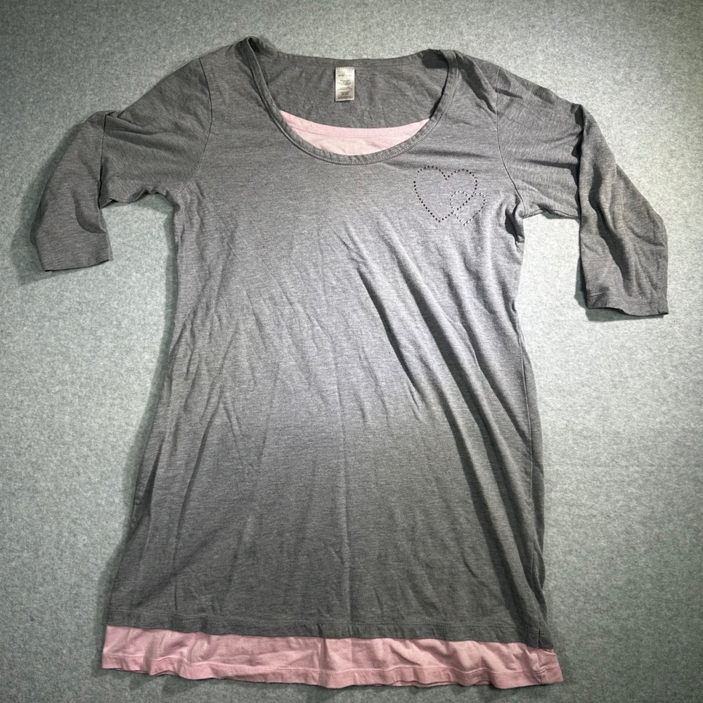 Gray Pink Layered Sleep Shirt Rhinestone Heart Nightgown Womens Medium 10-12